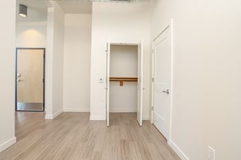 A room with a white door and a brown shelf.